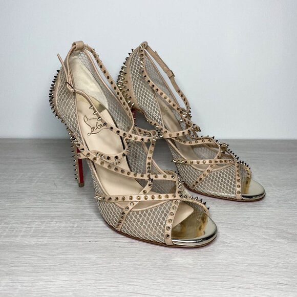 Louboutin Alarc Nude Leather Spiked Heels - Picture 5 of 9